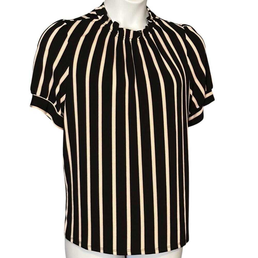 Adrianna Papell Short Sleeve Ruffle Neck Top XL Black Striped Stretch Career NWT